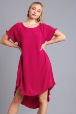 Umgee Ruby High Low Linen Blend Dress with Frayed Details