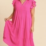 Umgee Tiered Midi Dress with Ruffled Sleeves in Hot Pink ON ORDER