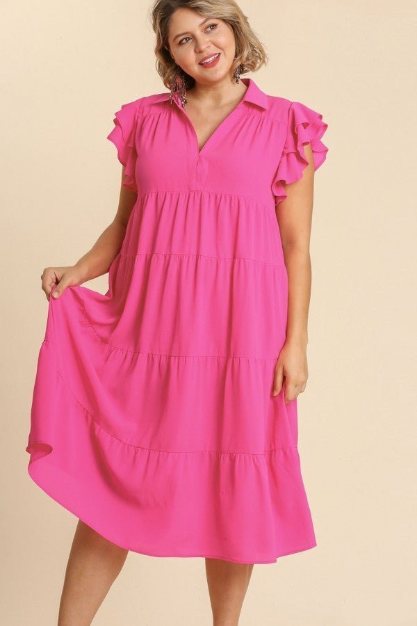 wa6973-hot-pink-1.jpg Umgee Tiered Midi Dress with Ruffled Sleeves in Hot Pink ON ORDER - Image 1